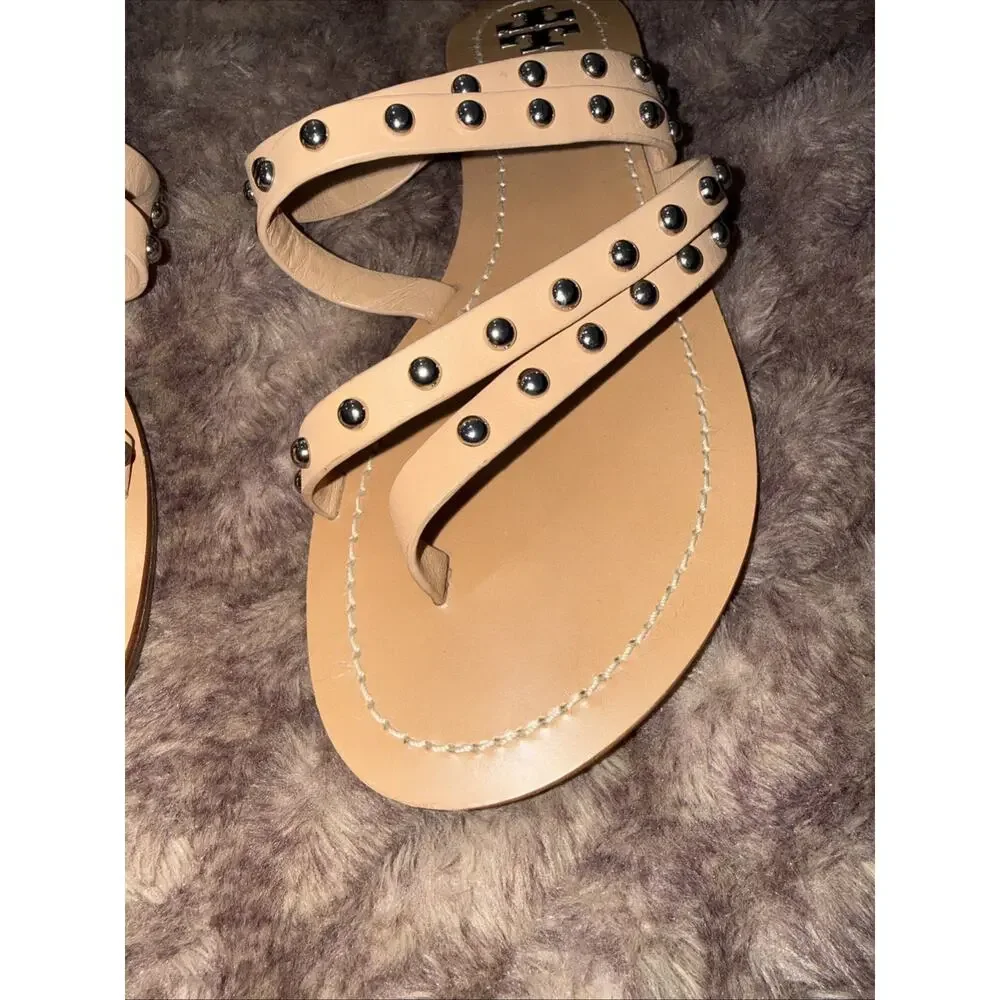 TORY BURCH Patos Studded Sandal SZ 9M Ivory Women LTHR Slide Flat Shoe Beach